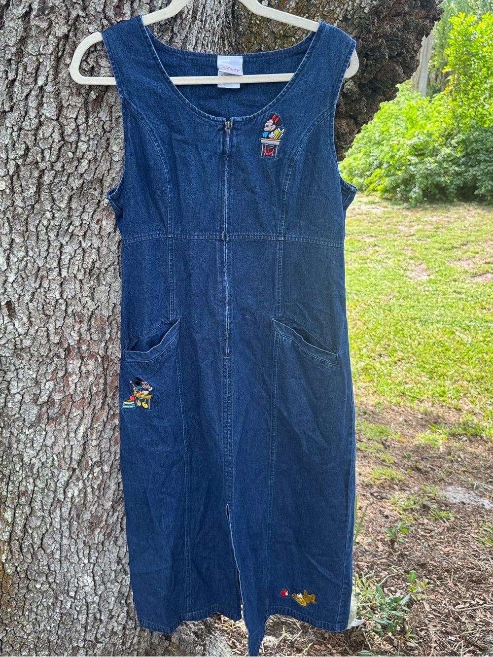 90s Vintage Disney Blue Denim Embroidered Midi Dress with Front Zipper.Size M